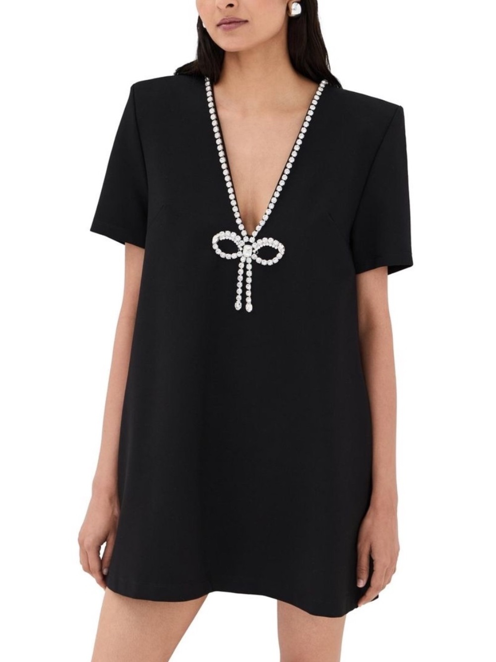 Elegant Black Dress with Crystal Bow Detail